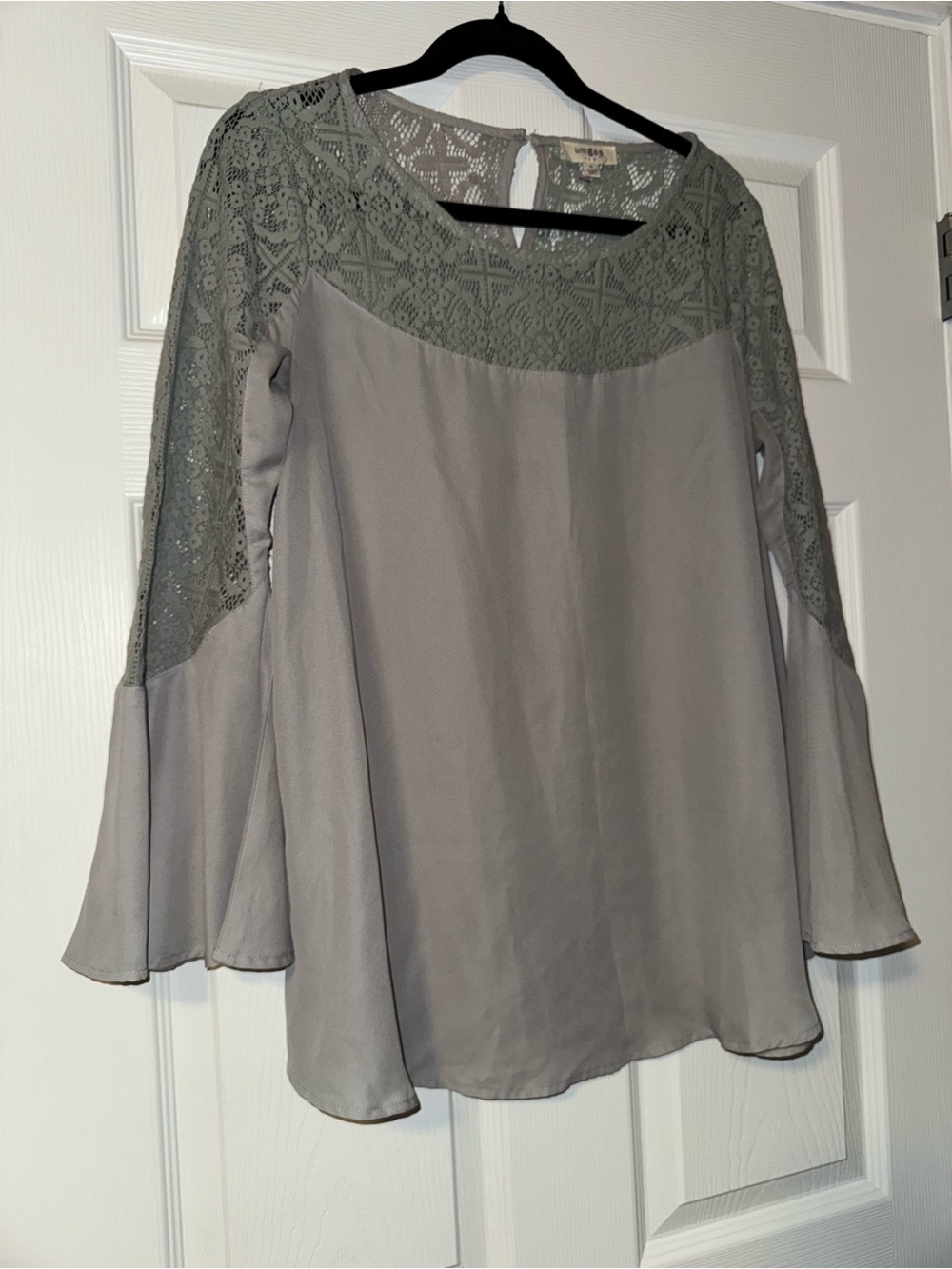 Umgee Lace Yoke Bell Sleeve Top in Light Gray-Green
